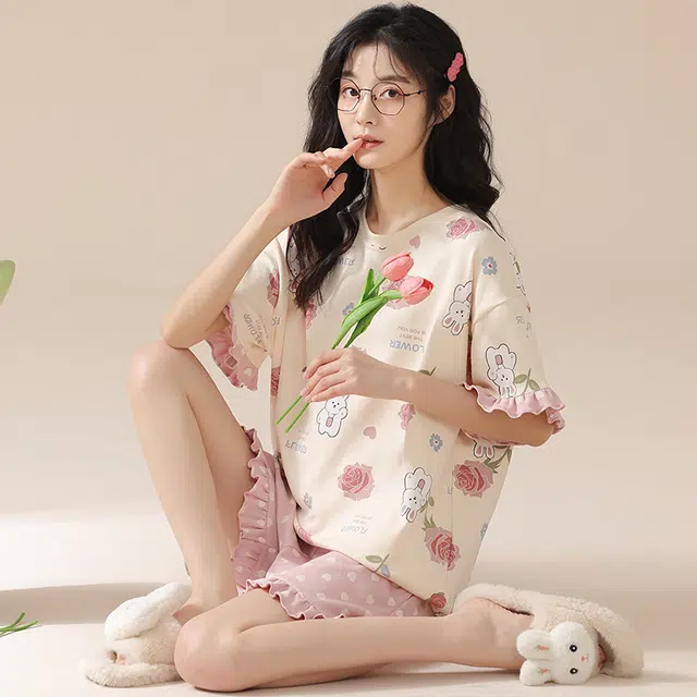 俏佳人 甜美韩版柔软亲肤休闲可外穿短袖慵懒家居服睡衣套装 女款