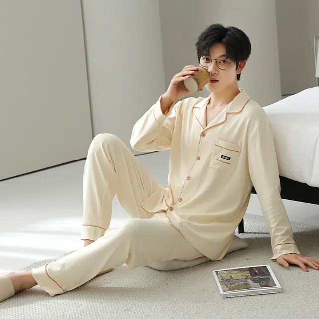 俏佳人 拉架棉开衫简约基础柔软宽松慵懒风舒适透气亲肤可外穿家居服睡衣套装 男款