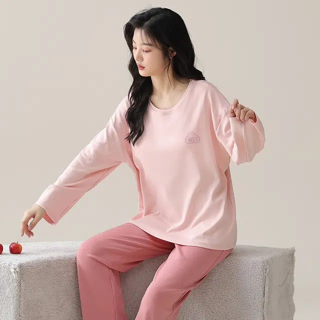 俏佳人 纯棉基础圆领套头纯色休闲宽松舒适亲肤透气长袖长裤可外穿家居服睡衣套装 女款