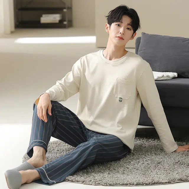 俏佳人 纯棉套头圆领休闲宽松可外穿家居服条纹柔软亲肤舒适透气长袖长裤睡衣套装 男款