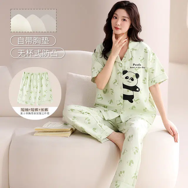 俏佳人 带胸垫植物印花三件套舒适开衫透气亲肤短袖家居服睡衣套装 女款