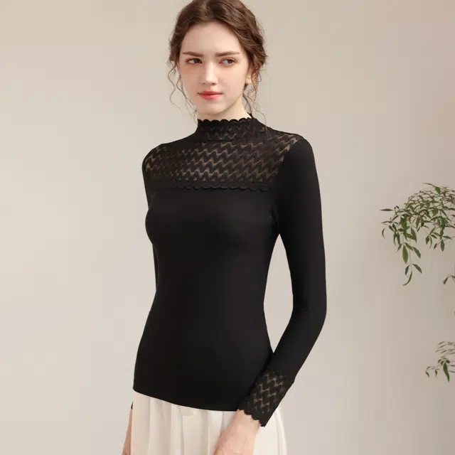 俏佳人 秋冬半高领可内外穿搭蕾丝衣领针织时尚修身保暖上衣 女款