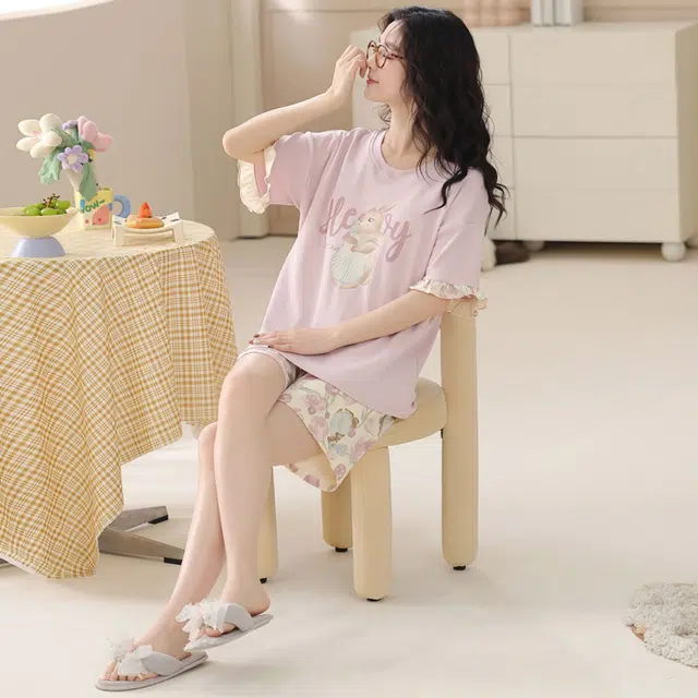 俏佳人 家居服纯棉套头舒适透气慵懒休闲可外穿圆领短袖睡衣套装 女款