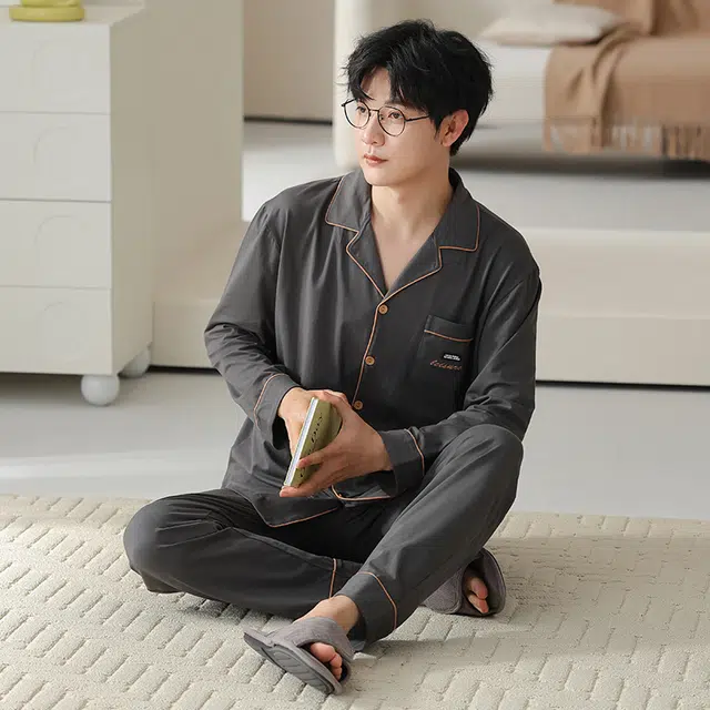 俏佳人 拉架棉开衫简约基础宽松慵懒风舒适透气亲肤可外穿家居服睡衣套装 男款