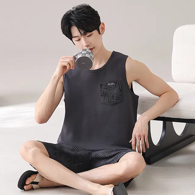 俏佳人 纯棉舒适透气慵懒无袖休闲背心家居服睡衣套装 男款