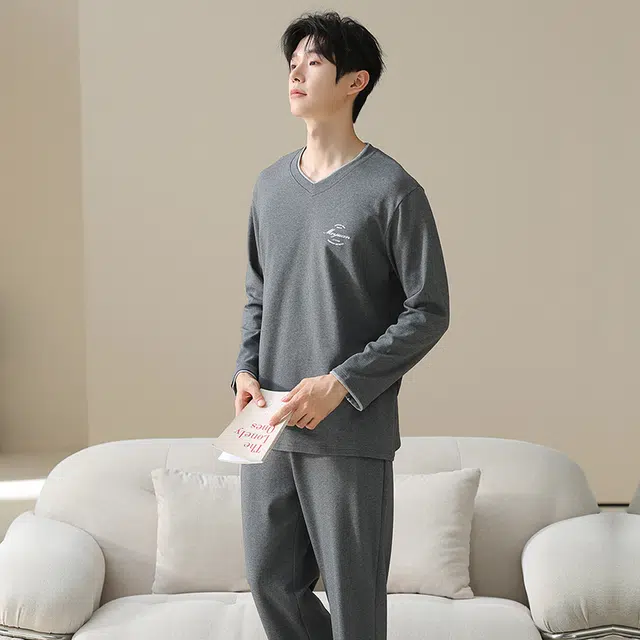 俏佳人 纯棉套头圆领休闲宽松可外穿纯色家居服字母柔软亲肤舒适透气长袖长裤睡衣套装 男款