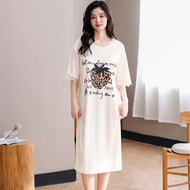 俏佳人 带胸垫套头休闲慵懒风可外穿透气短袖家居服垂感亲肤舒适睡裙 女款