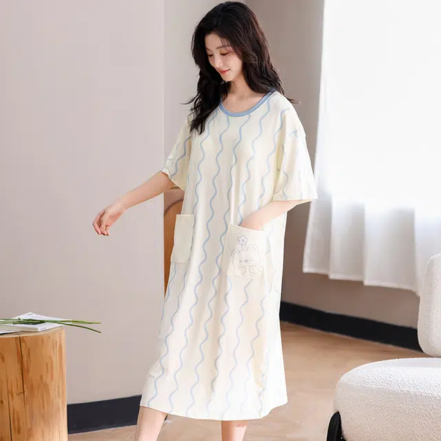 俏佳人 亲肤舒适套头休闲慵懒风可外穿透气短袖家居服带胸垫垂感睡裙 女款