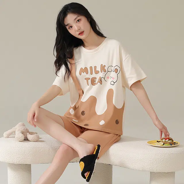 俏佳人 卡通柔软亲肤休闲可外穿套头短袖慵懒家居服睡衣套装 女款