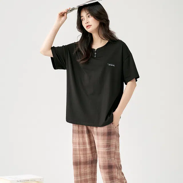 俏佳人 柔软亲肤休闲短袖长裤慵懒家居服可外穿睡衣套装 女款