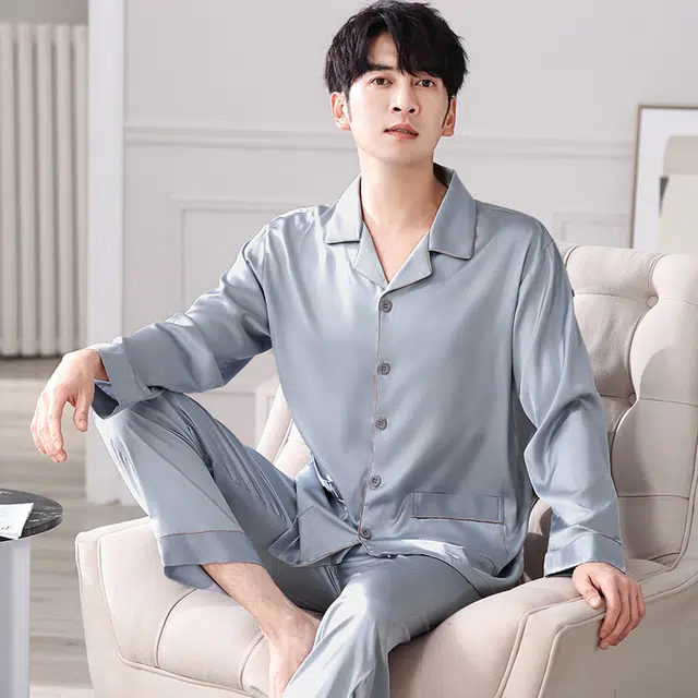 俏佳人 丝滑冰丝高级感翻领开衫纯色休闲简约家居服亲肤舒适透气长袖长裤睡衣套装 男款