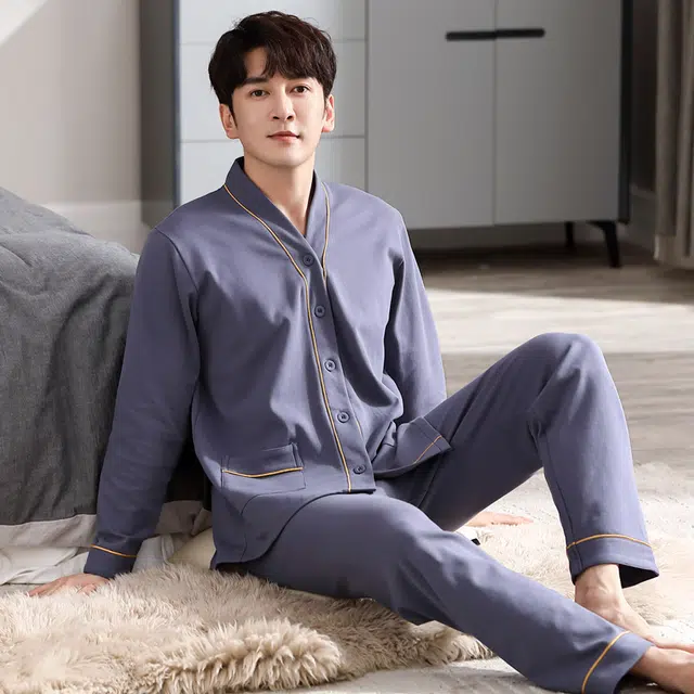 俏佳人 纯色简约开衫和尚领家居服休闲宽松亲肤舒适透气可外穿长袖长裤睡衣套装 男款