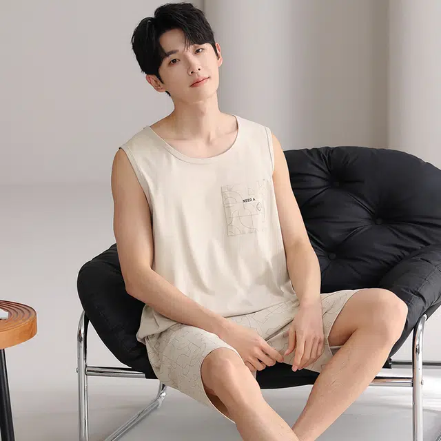俏佳人 背心纯棉舒适透气简约套头休闲慵懒风可外穿家居服睡衣套装 男款