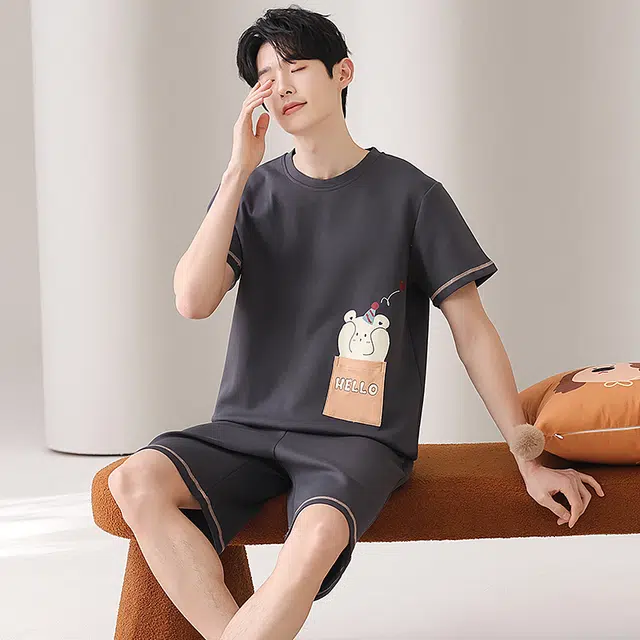 俏佳人 短袖纯棉舒适休闲慵懒透气家居服睡衣套装 男款
