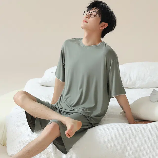 俏佳人 垂感柔软亲肤透气基础休闲短袖家居服慵懒睡衣套装 男款