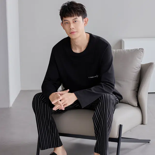 俏佳人 纯棉简约纯色圆领套头条纹可外穿家居服舒适亲肤透气长袖长裤睡衣套装 男款