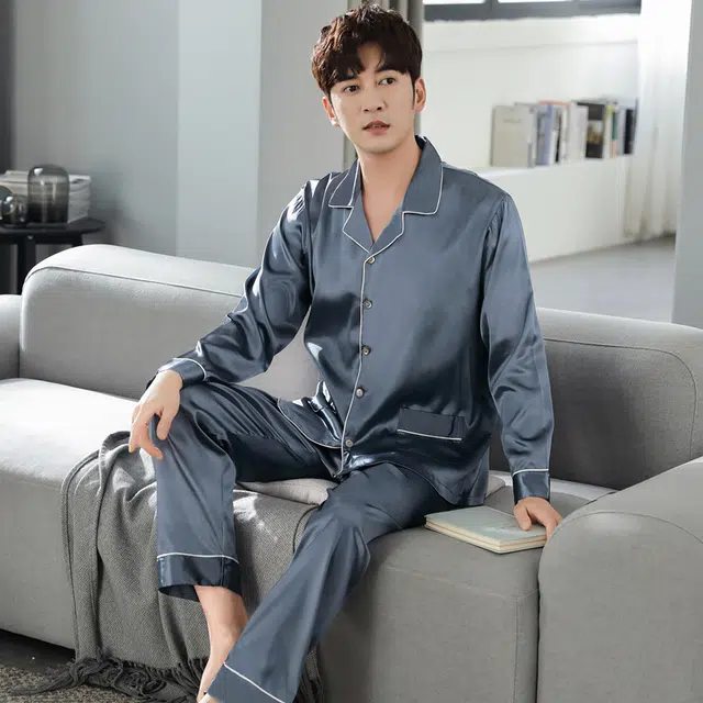 俏佳人 丝滑冰丝高级感翻领开衫简约纯色休闲家居服亲肤舒适透气长袖长裤睡衣套装 男款