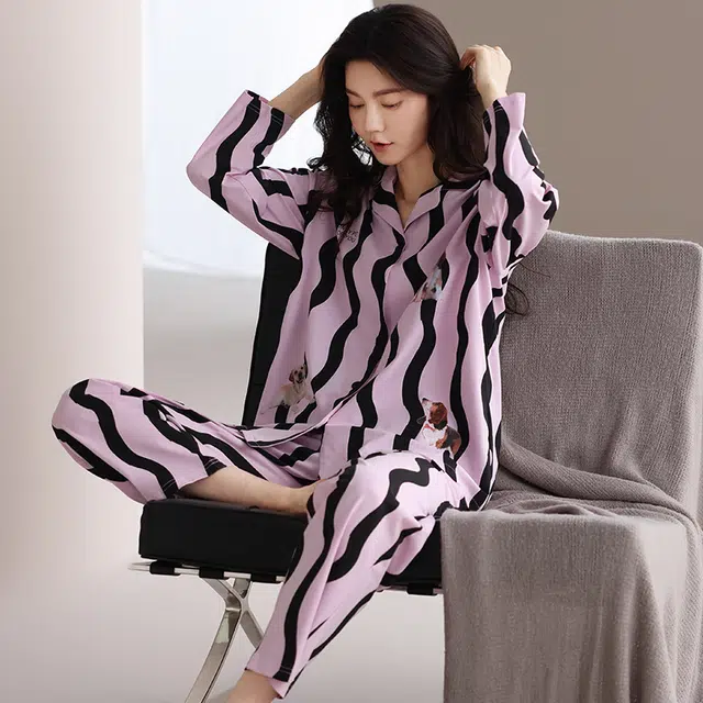 俏佳人 纯棉基础开衫翻领条纹小狗图案休闲宽松透气亲肤可外穿长袖长裤家居服睡衣套装 女款