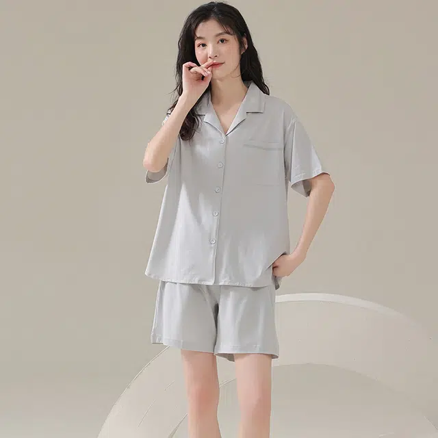 俏佳人 基础纯色柔软亲肤休闲开衫慵懒短袖家居服睡衣套装 女款