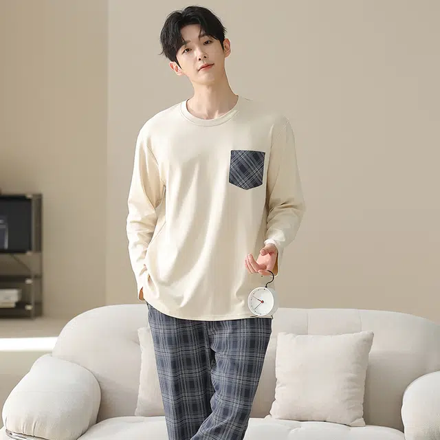 俏佳人 纯棉套头圆领休闲宽松可外穿家居服纯色格子柔软亲肤舒适透气长袖长裤睡衣套装 男款