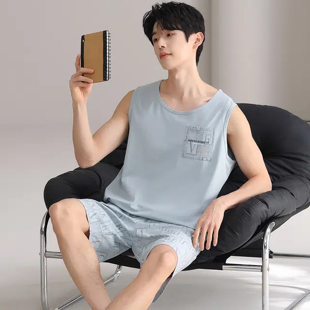 俏佳人 纯棉舒适透气简约背心家居服套头休闲慵懒风可外穿睡衣套装 男款