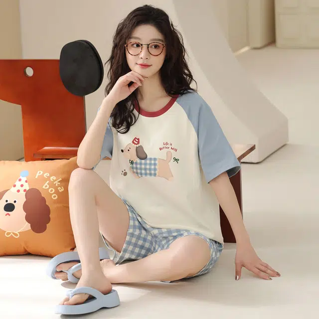 俏佳人 纯棉慵懒套头舒适透气休闲可外穿圆领短袖家居服睡衣套装 女款