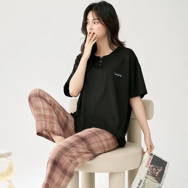 俏佳人 柔软亲肤休闲短袖长裤慵懒家居服可外穿睡衣套装 女款