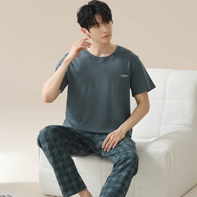 俏佳人 韩版柔软亲肤休闲短袖长裤慵懒家居服睡衣套装 男款