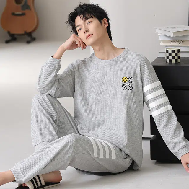 俏佳人 华夫格纯棉简约宽松休闲可外穿圆领套头柔软舒适透气家居服长袖长裤睡衣套装 男款