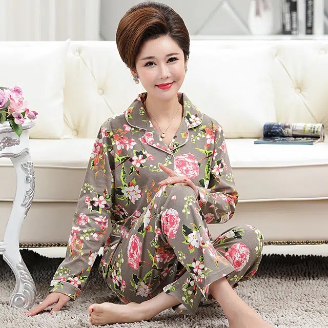 俏佳人 纯棉开衫翻领休闲舒适长袖长裤睡衣套装 女款 图片色