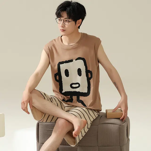 俏佳人 柔软亲肤休闲可外穿套头背心家居服睡衣套装 男款