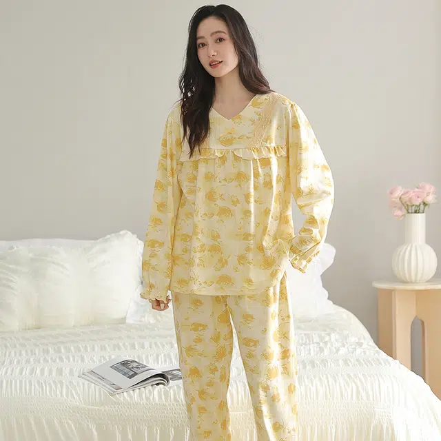 俏佳人 纯棉套头圆领公主风宽松休闲家居服花卉图案柔软亲肤舒适透气长袖长裤睡衣套装 女款