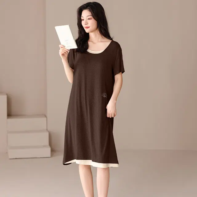 俏佳人 带胸垫短袖印花休闲慵懒风舒适可外穿透气垂感亲肤家居服睡裙 女款