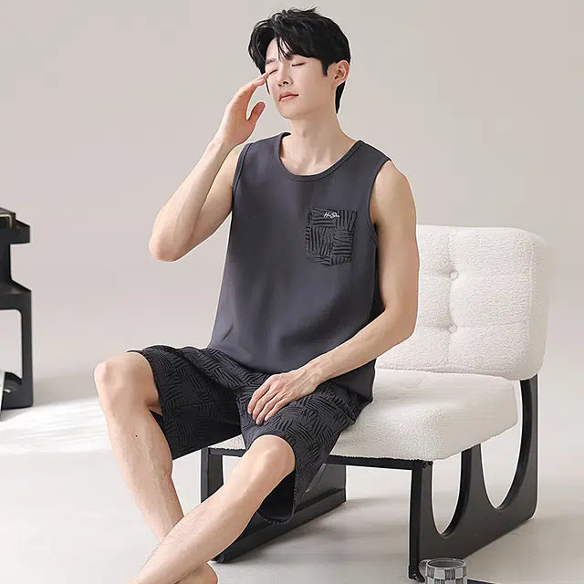 俏佳人 纯棉舒适透气慵懒无袖休闲背心家居服睡衣套装 男款