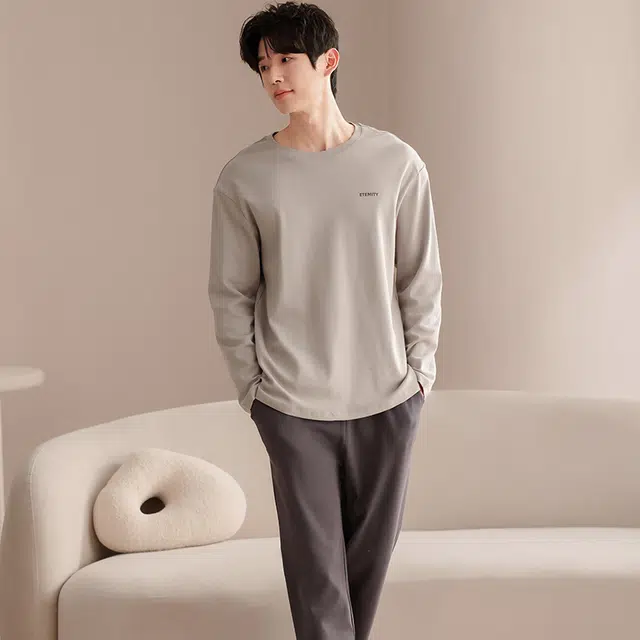 俏佳人 纯棉圆领套头纯色基础休闲宽松柔软舒适可外穿长袖长裤家居服睡衣套装 男款