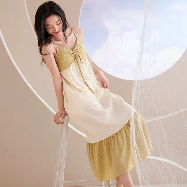 俏佳人 带胸垫透气亲肤休闲拼接无袖吊带家居服睡裙 女款