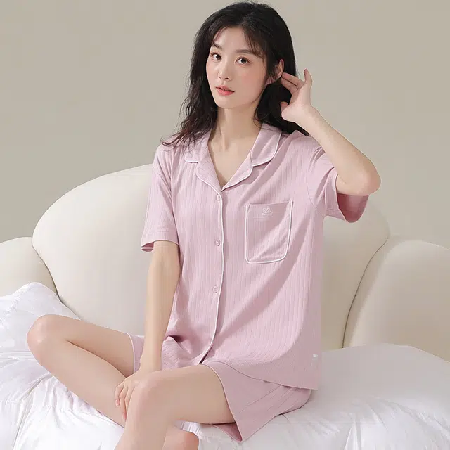 俏佳人 纯色基础柔软亲肤休闲开衫慵懒宽松短袖短裤家居服睡衣套装 女款