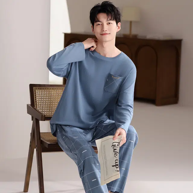 俏佳人 纯棉简约纯色圆领套头格子可外穿家居服舒适亲肤透气长袖长裤睡衣套装 男款