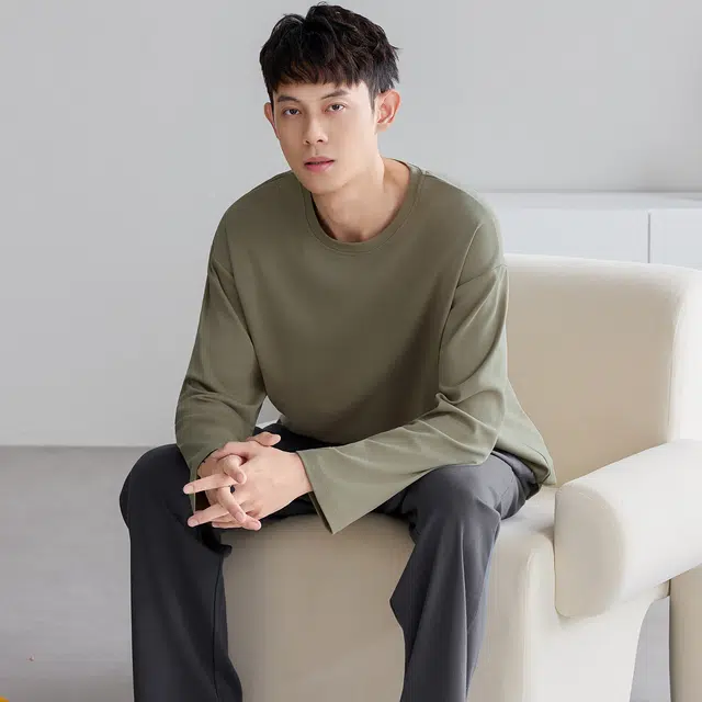 俏佳人 纯棉青少年圆领套头宽松休闲家居服简约可外穿亲肤舒适长袖长裤睡衣套装 男款