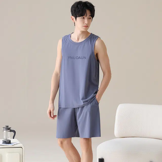 俏佳人 纯棉舒适透气简约可外穿背心家居服套头休闲慵懒风睡衣套装 男款