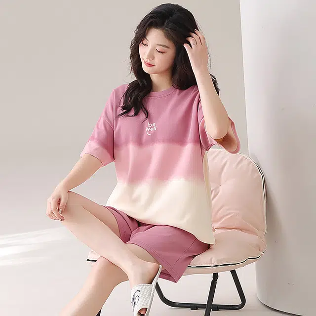 俏佳人 纯棉带胸垫圆领套头舒适透气慵懒休闲可外穿短袖短裤家居服睡衣套装 女款