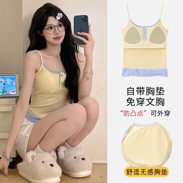 俏佳人 舒适透气亲肤休闲可外穿带胸垫纯欲风无袖小吊带家居服三分裤睡衣套装 女款