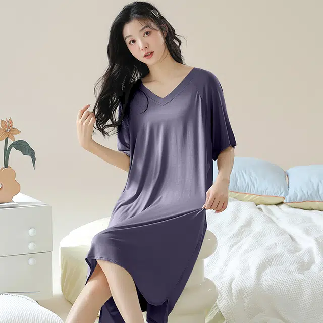 俏佳人 带胸垫垂感柔软亲肤透气纯色休闲短袖家居服睡裙 女款