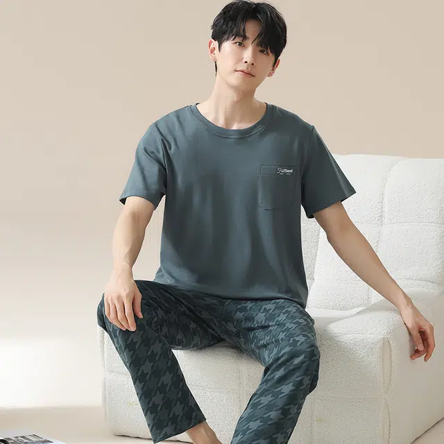 俏佳人 韩版柔软亲肤休闲短袖长裤慵懒家居服睡衣套装 男款