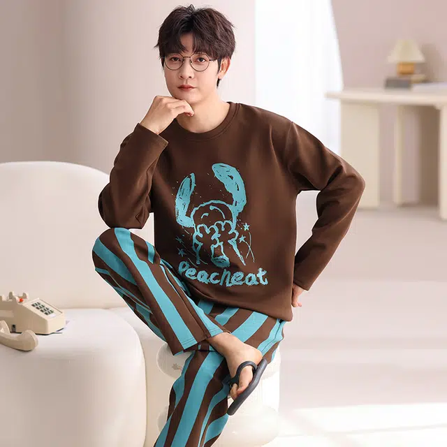 俏佳人 纯棉圆领套头卡通条纹休闲舒适可外穿长袖长裤时尚家居服睡衣套装 男款
