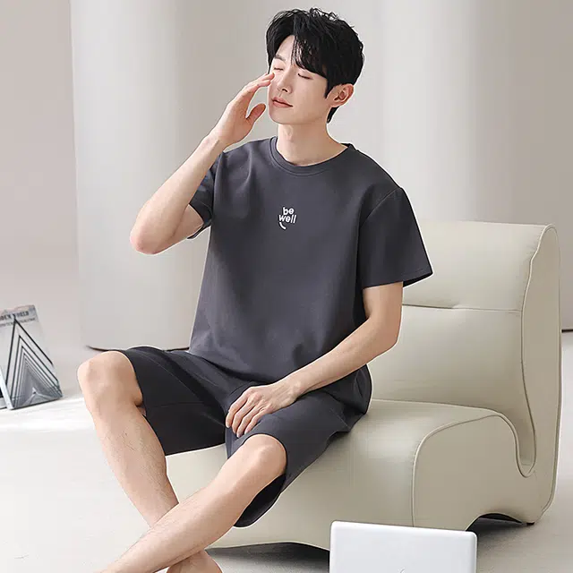 俏佳人 纯棉舒适透气基础纯色短袖家居服休闲慵懒睡衣套装 男款