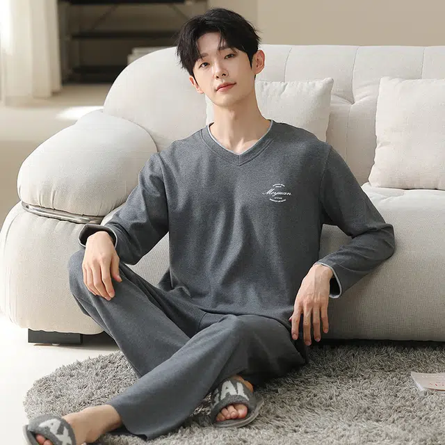 俏佳人 纯棉套头圆领休闲宽松可外穿纯色家居服字母柔软亲肤舒适透气长袖长裤睡衣套装 男款