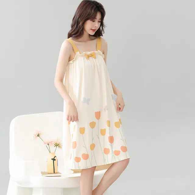 俏佳人 甜美可爱休闲宽松郁金香印花可外穿吊带无袖吊带睡裙 女款 杏色