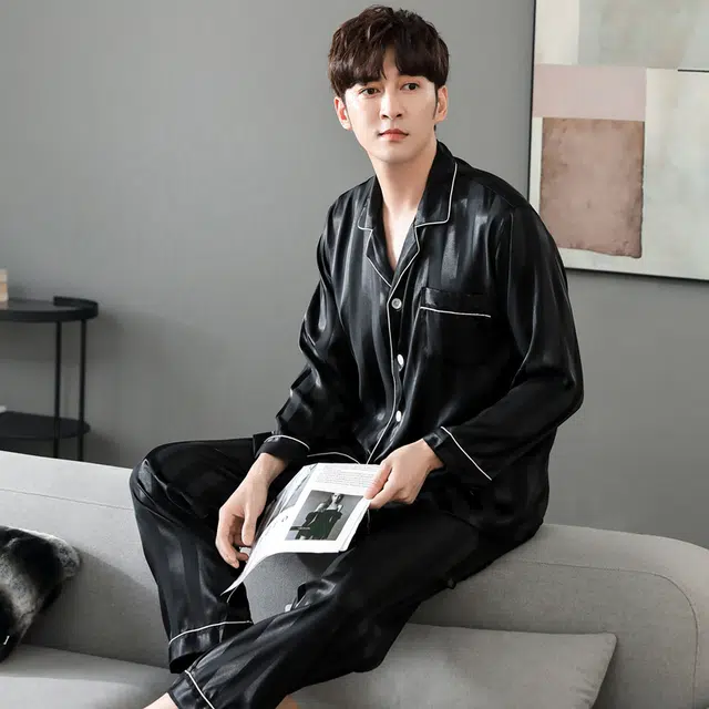 俏佳人 丝滑冰丝高级感开衫翻领简约纯色休闲家居服亲肤舒适透气长袖长裤睡衣套装 男款