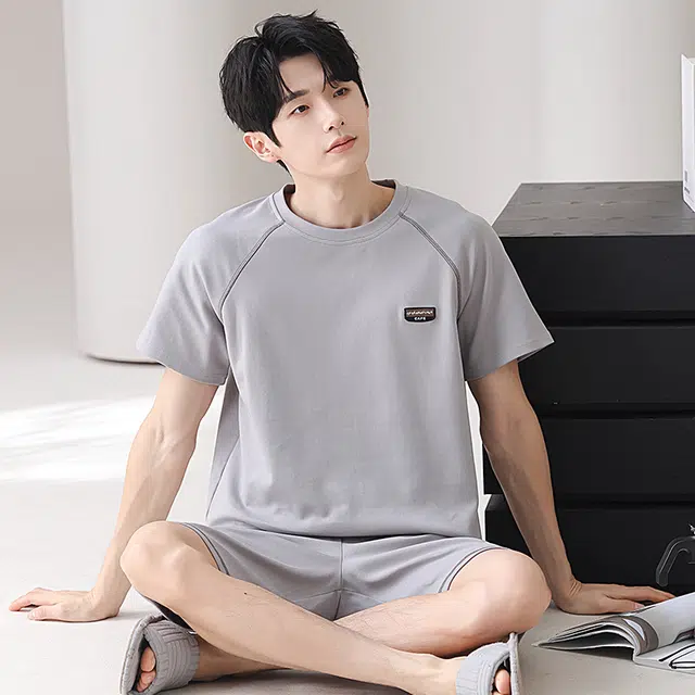 俏佳人 纯棉舒适透气基础慵懒短袖家居服纯色休闲睡衣套装 男款